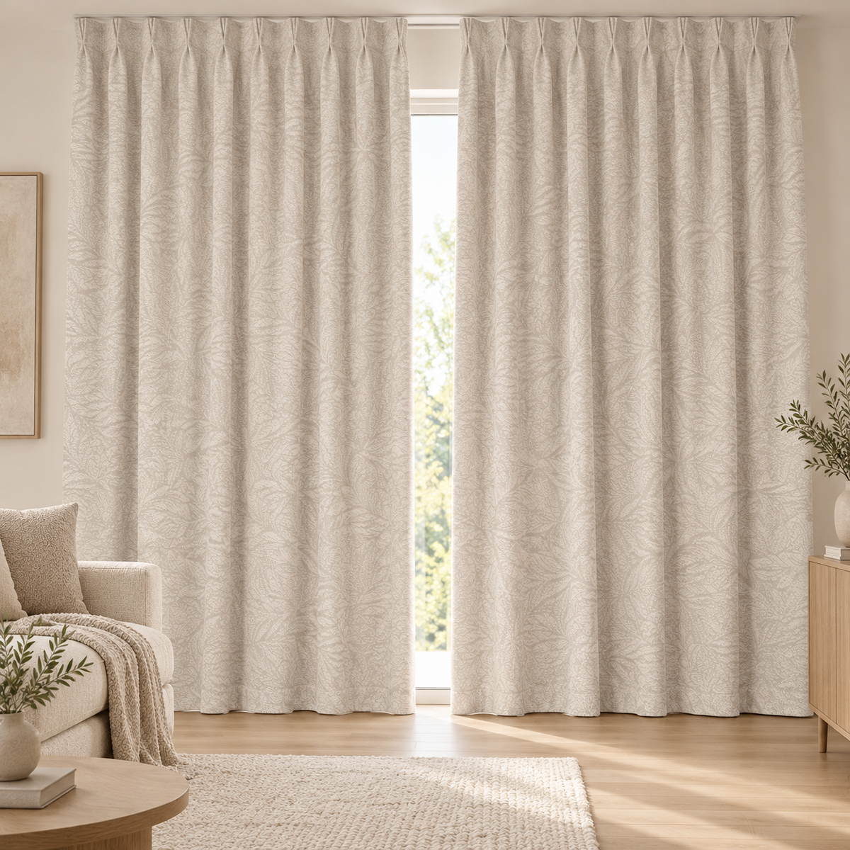 2083 Misty Isle Forest textured blackout curtains installed in a warm living room