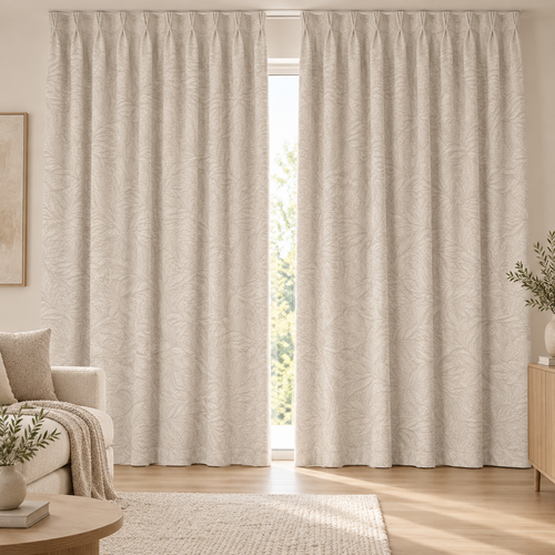 2083 Misty Isle Forest textured blackout curtains installed in a warm living room