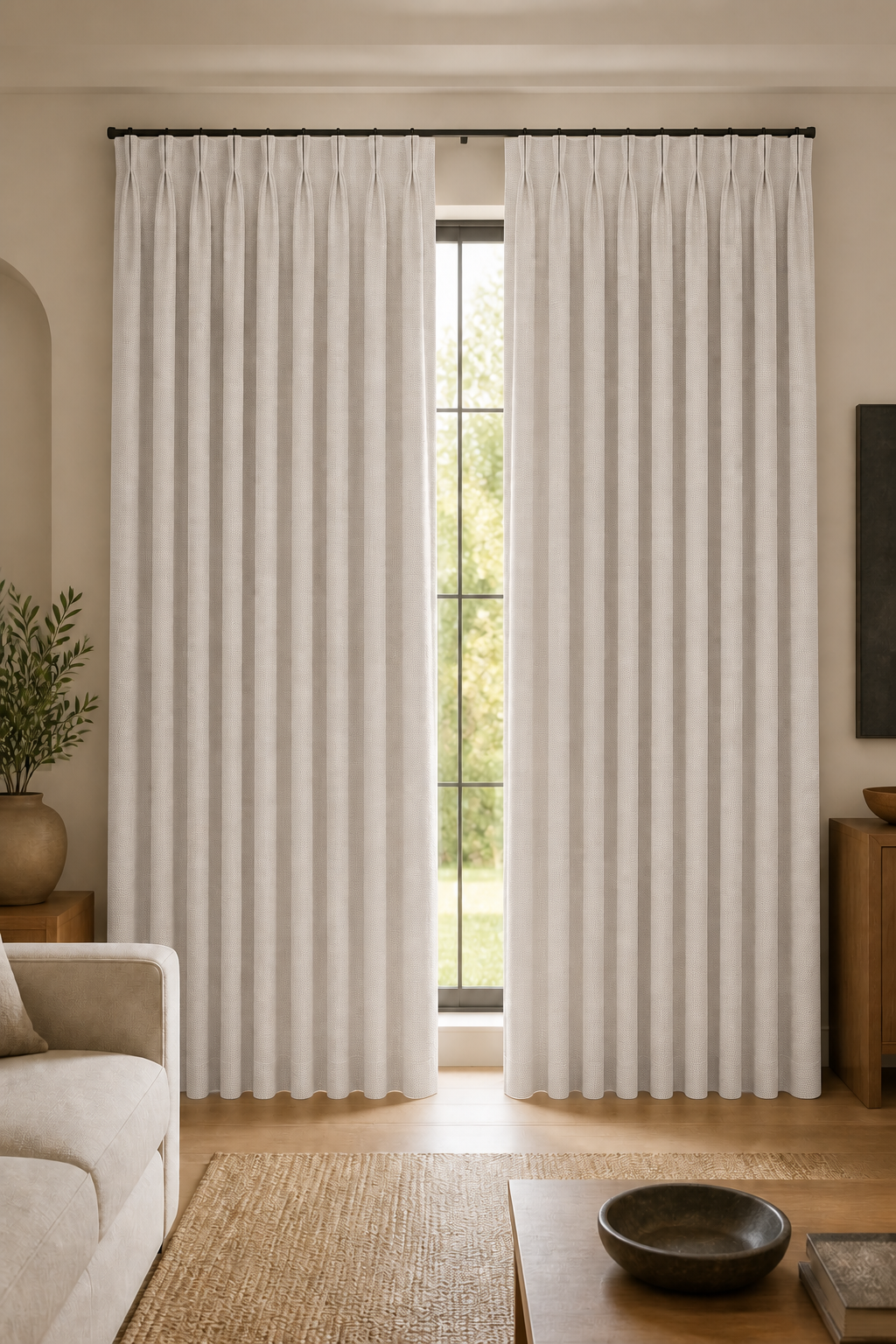 Xpro Home 2679-1 Soft Ivory custom blackout curtains in a warm modern living room