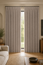Xpro Home 2679-5 Mushroom Taupe custom blackout curtains in a warm modern living room