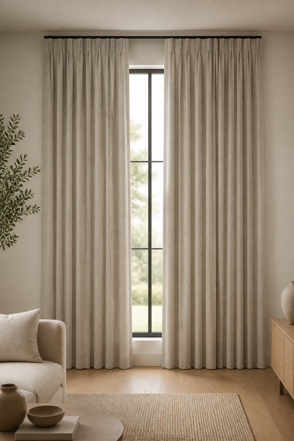 Xpro Home 2679-6 Light Greige custom blackout curtains in a warm modern living room