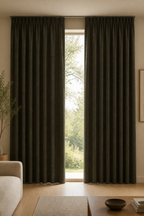 Xpro Home 2679-7 Charcoal Olive custom blackout curtains in a warm modern living room