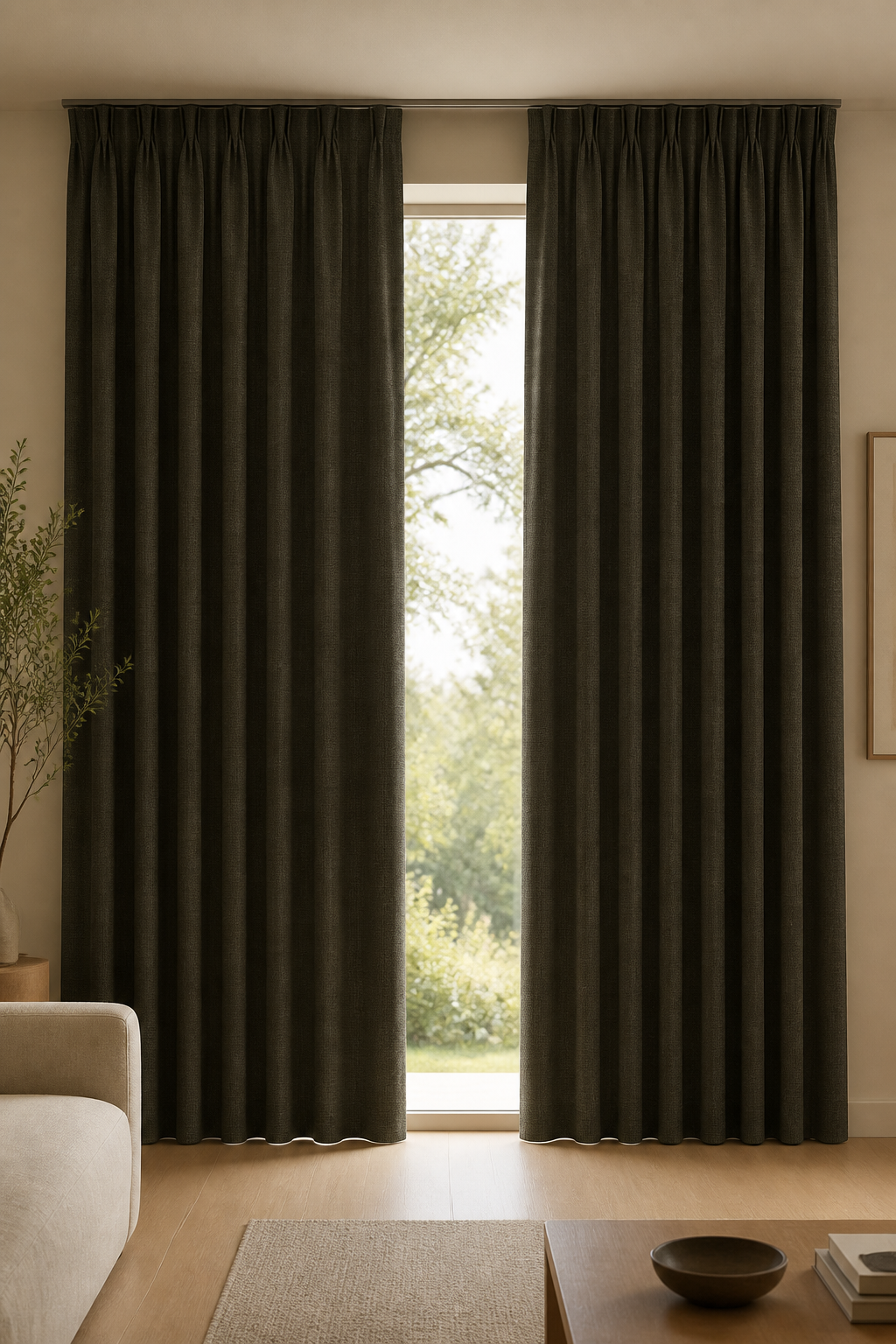Xpro Home 2679-7 Charcoal Olive custom blackout curtains in a warm modern living room