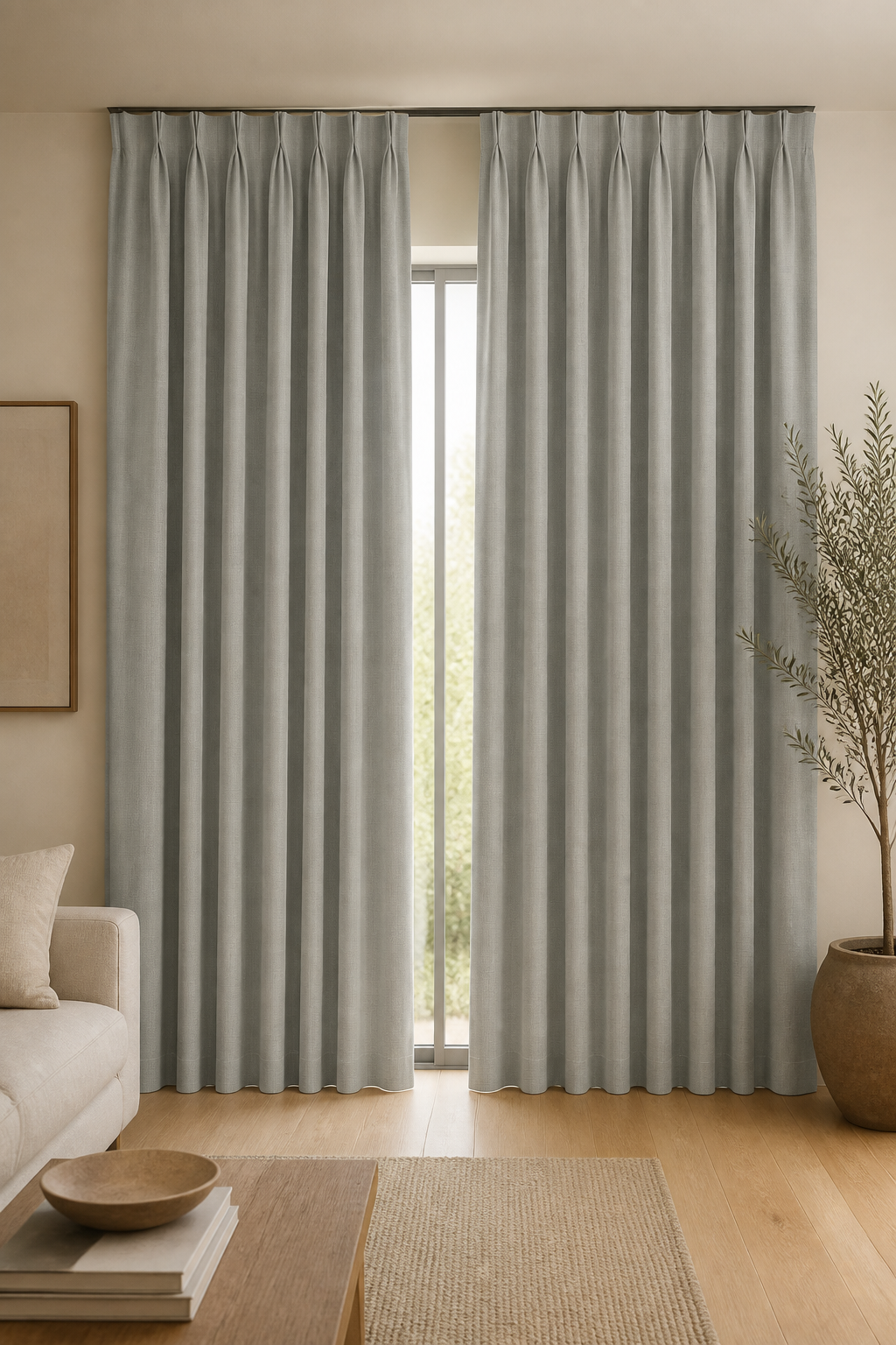 Xpro Home 2679-9 Mist Blue custom blackout curtains in a warm modern living room
