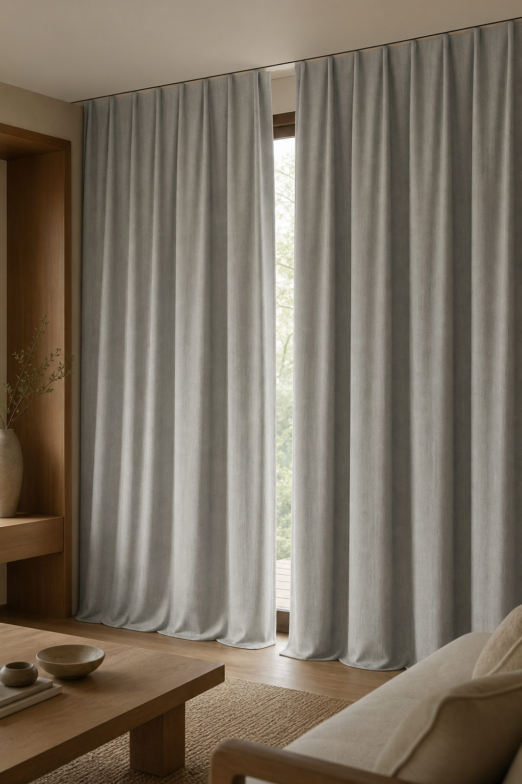6112 Shake White textured linen-look custom curtain, full hanging view