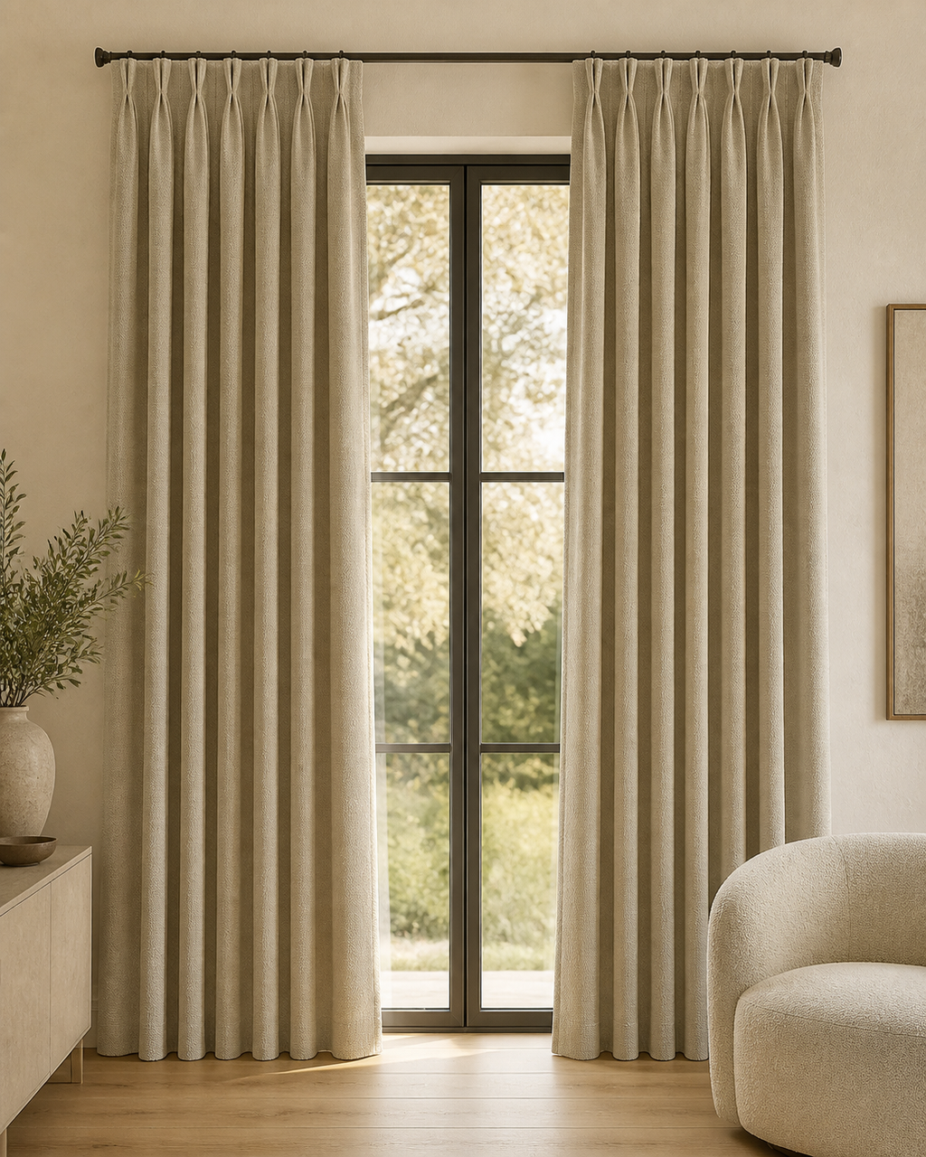 Xpro Home BLK0086-1 Soft Sage Ivory custom curtains in a warm modern living room