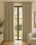 Xpro Home BLK0086-1 Soft Sage Ivory custom curtains in a warm modern living room