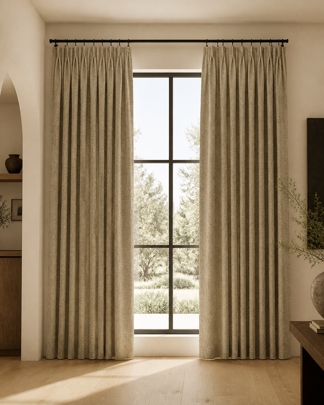 Xpro Home BLK0086-3 Warm Taupe custom curtains in a warm modern living room