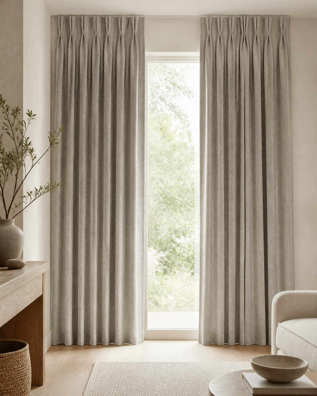 Xpro Home BLK0086-6 Silver Greige custom curtains in a warm modern living room