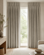 Xpro Home BLK0086-6 Silver Greige custom curtains in a warm modern living room