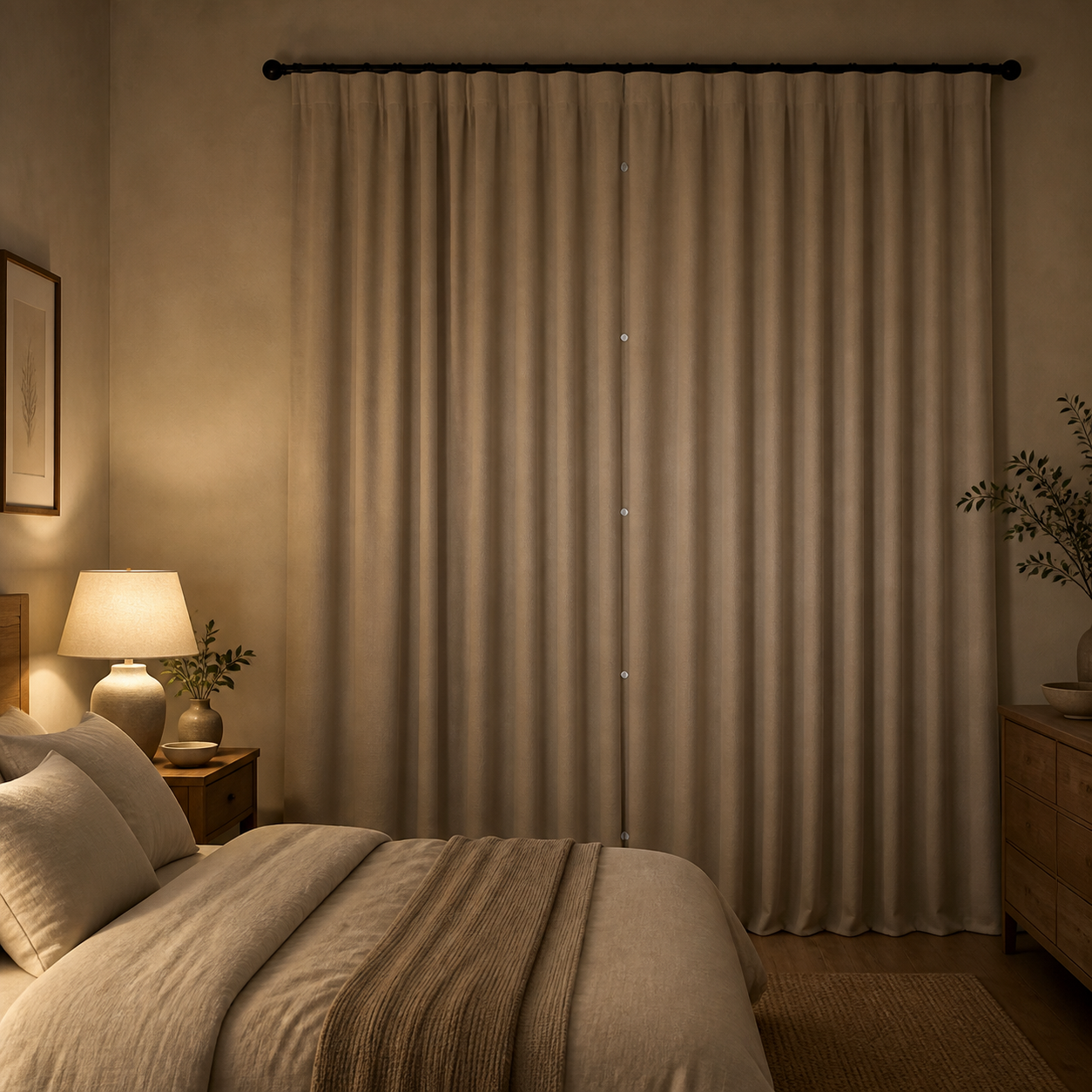 Blackout curtains closing neatly at the center in a warm bedroom