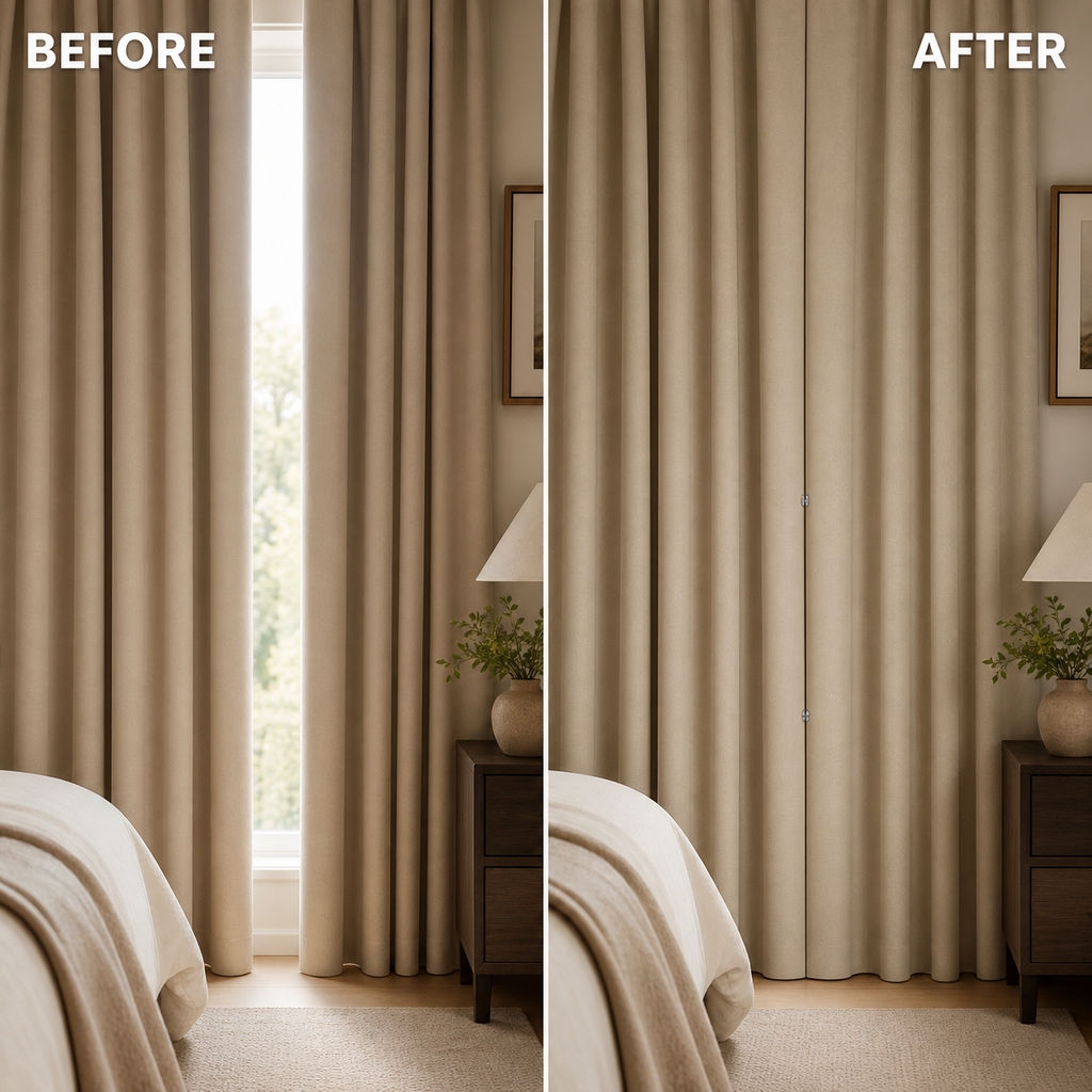 Before and after comparison showing reduced center gap between curtain panels