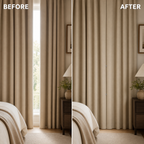 Before and after comparison showing reduced center gap between curtain panels