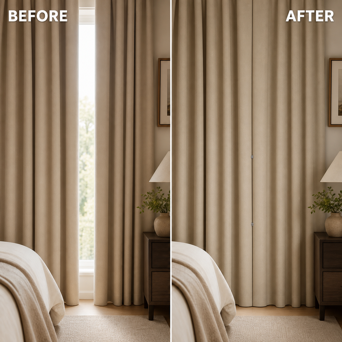 Before and after comparison showing reduced center gap between curtain panels