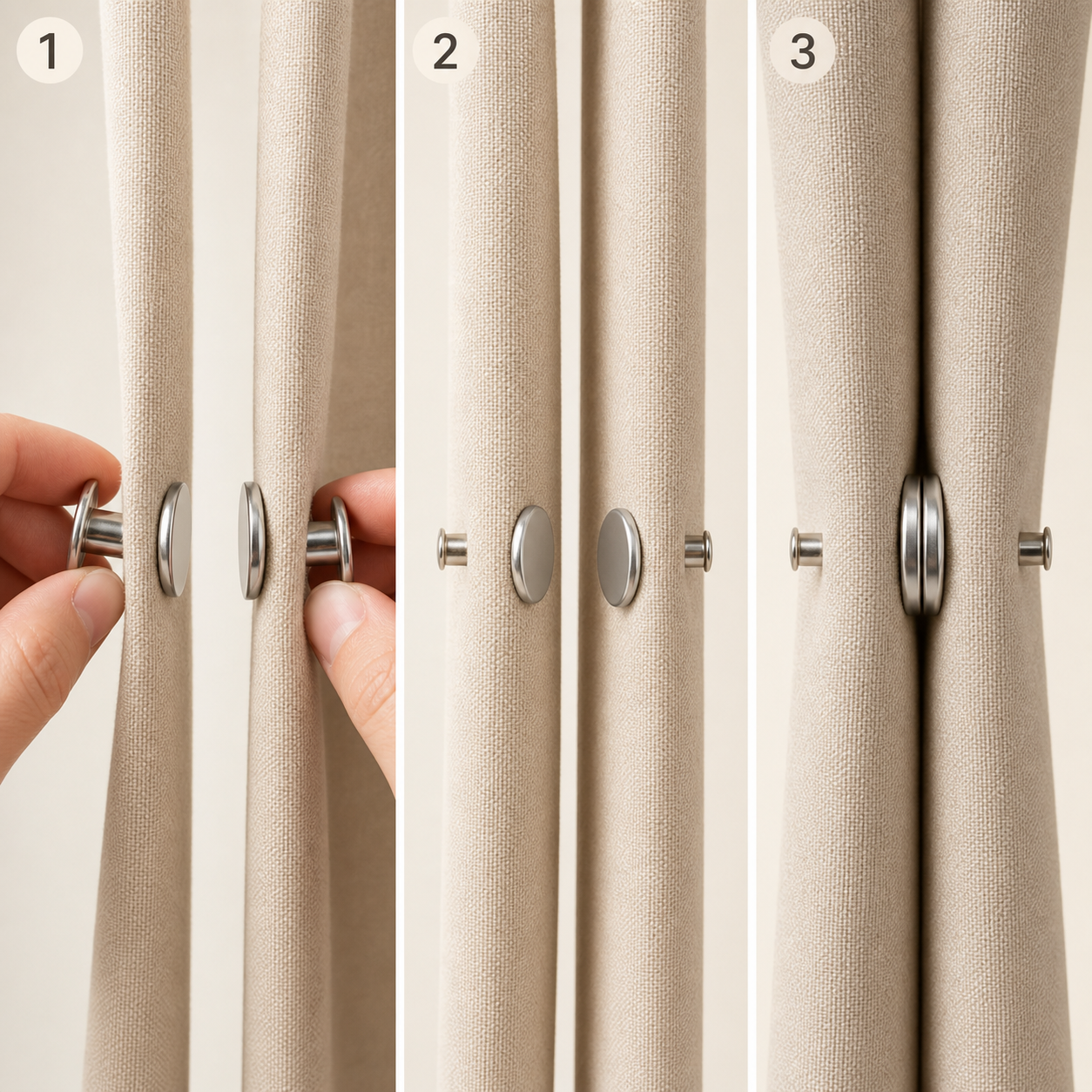 Three-step installation guide for magnetic curtain closure pins